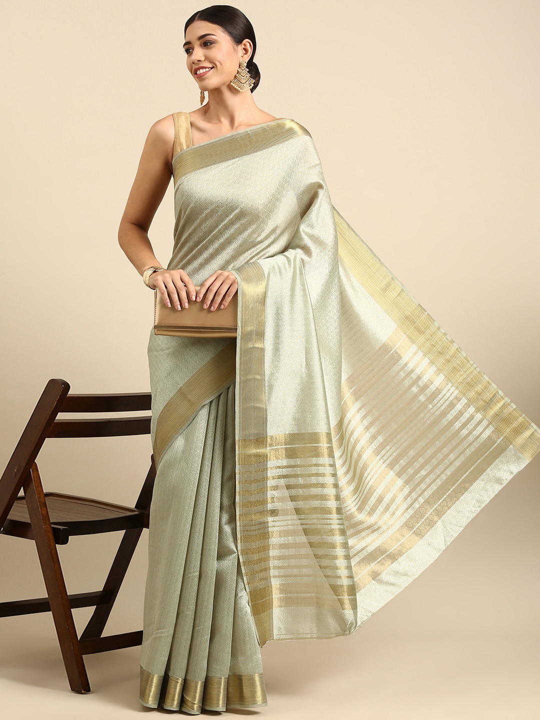 

Anouk Khaki Woven Design Silk Blend Ready to Wear Kanjeevaram Saree