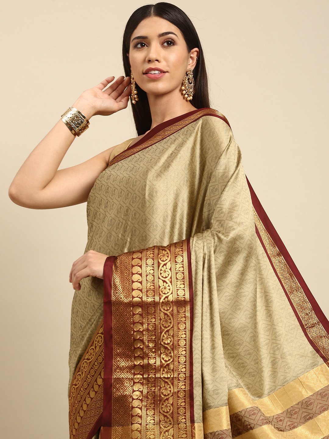 

Anouk Beige & Maroon Ethnic Motifs Woven Design Silk Blend Banarasi Saree