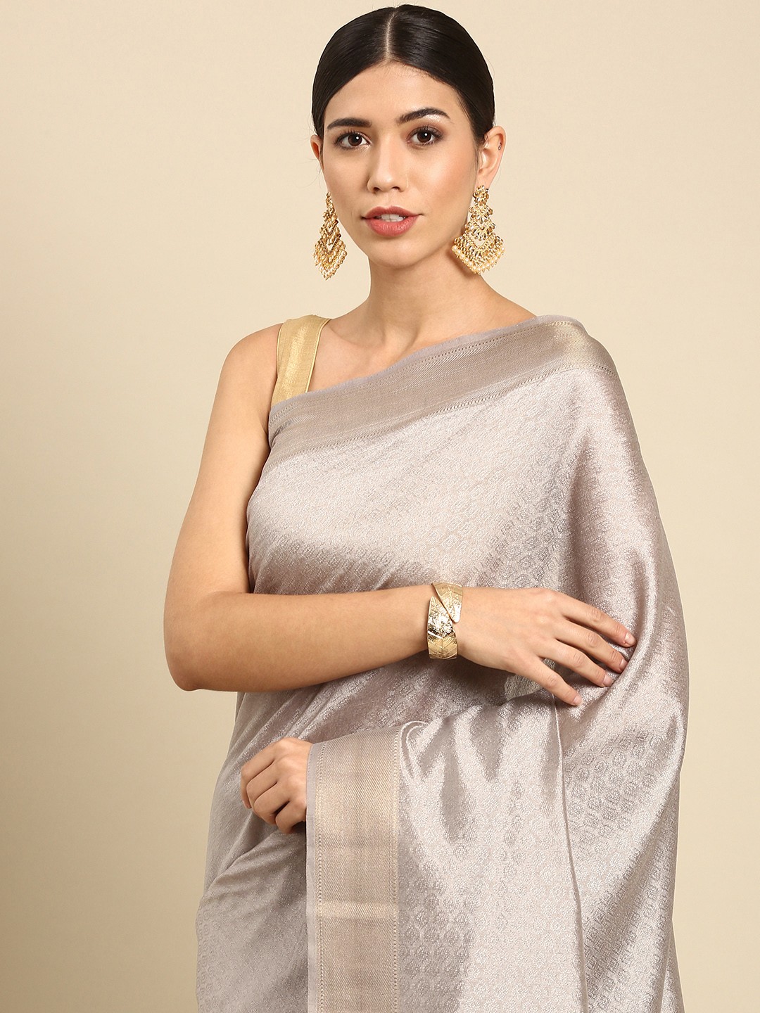 

Anouk Taupe Woven Design Silk Blend Ready to Wear Kanjeevaram Saree