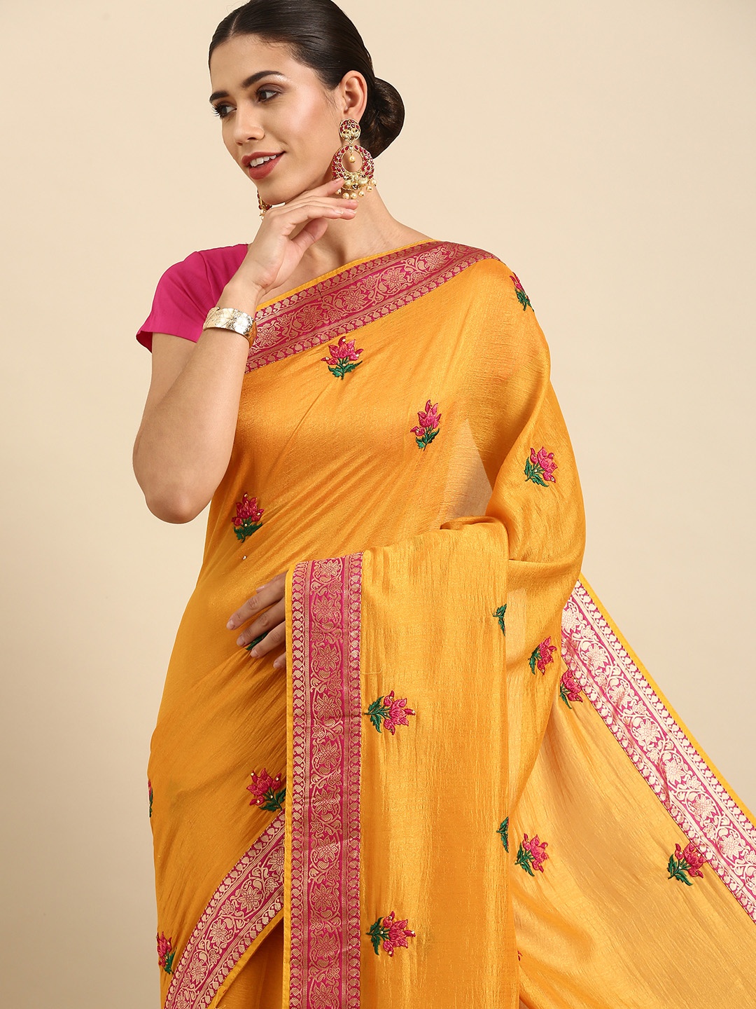 

Anouk Mustard & Pink Floral Embroidered Silk Blend Banarasi Saree