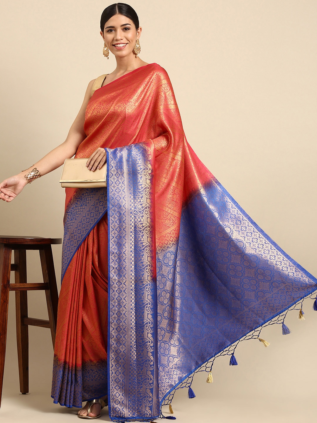 

Anouk Peach-Coloured & Purple Ethnic Motifs Woven Design Silk Blend Banarasi Saree