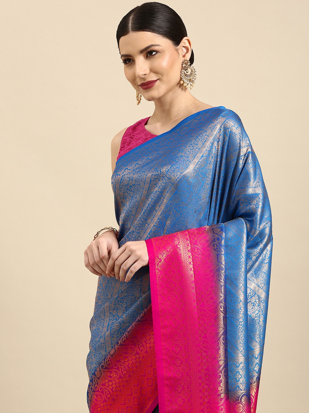 

Anouk Navy Blue & Pink Ethnic Motifs Woven Design Silk Blend Banarasi Saree