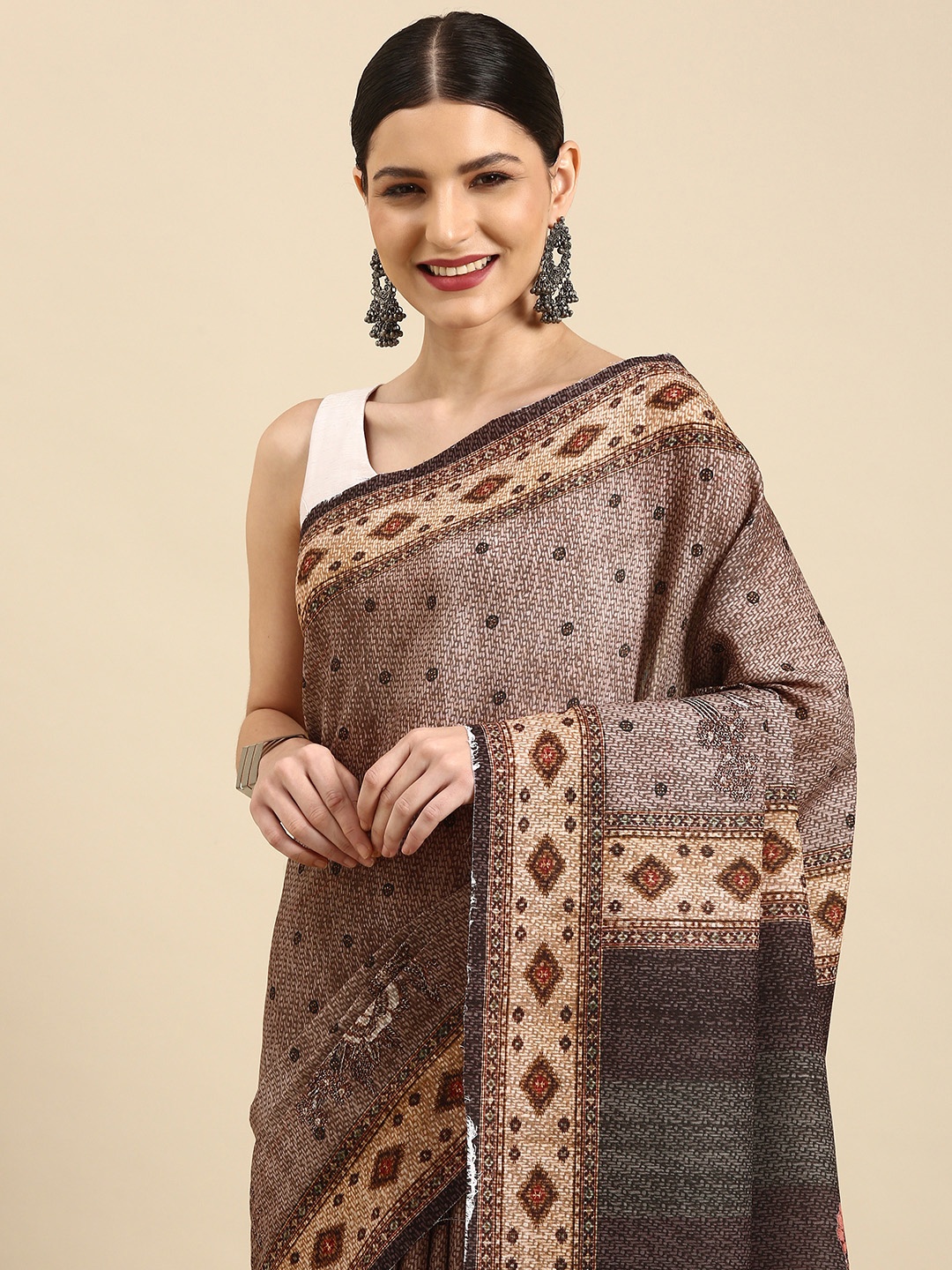 

Anouk Brown & Grey Floral Print Linen Blend Bhagalpuri Saree