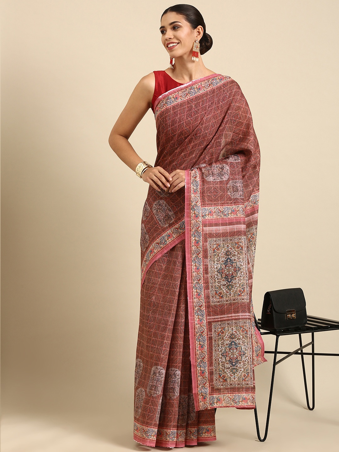 

Anouk Pink & Grey Floral Print Pure Silk Mysore Silk Saree