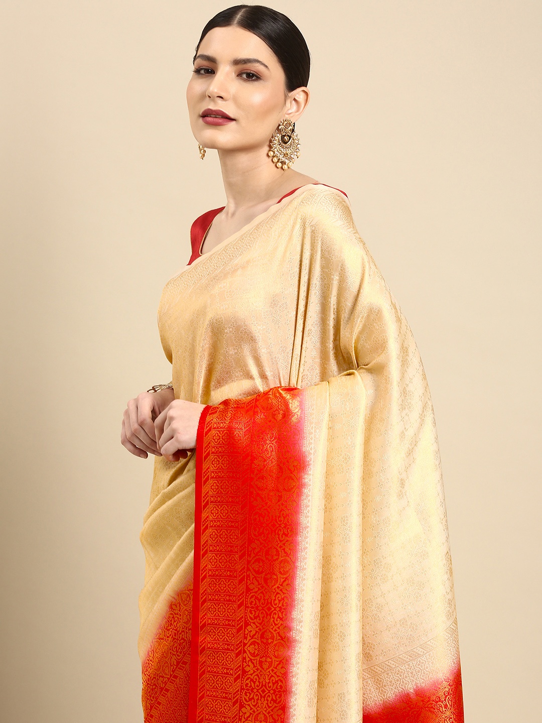 

Anouk Beige & Red Ethnic Motifs Woven Design Silk Blend Banarasi Saree