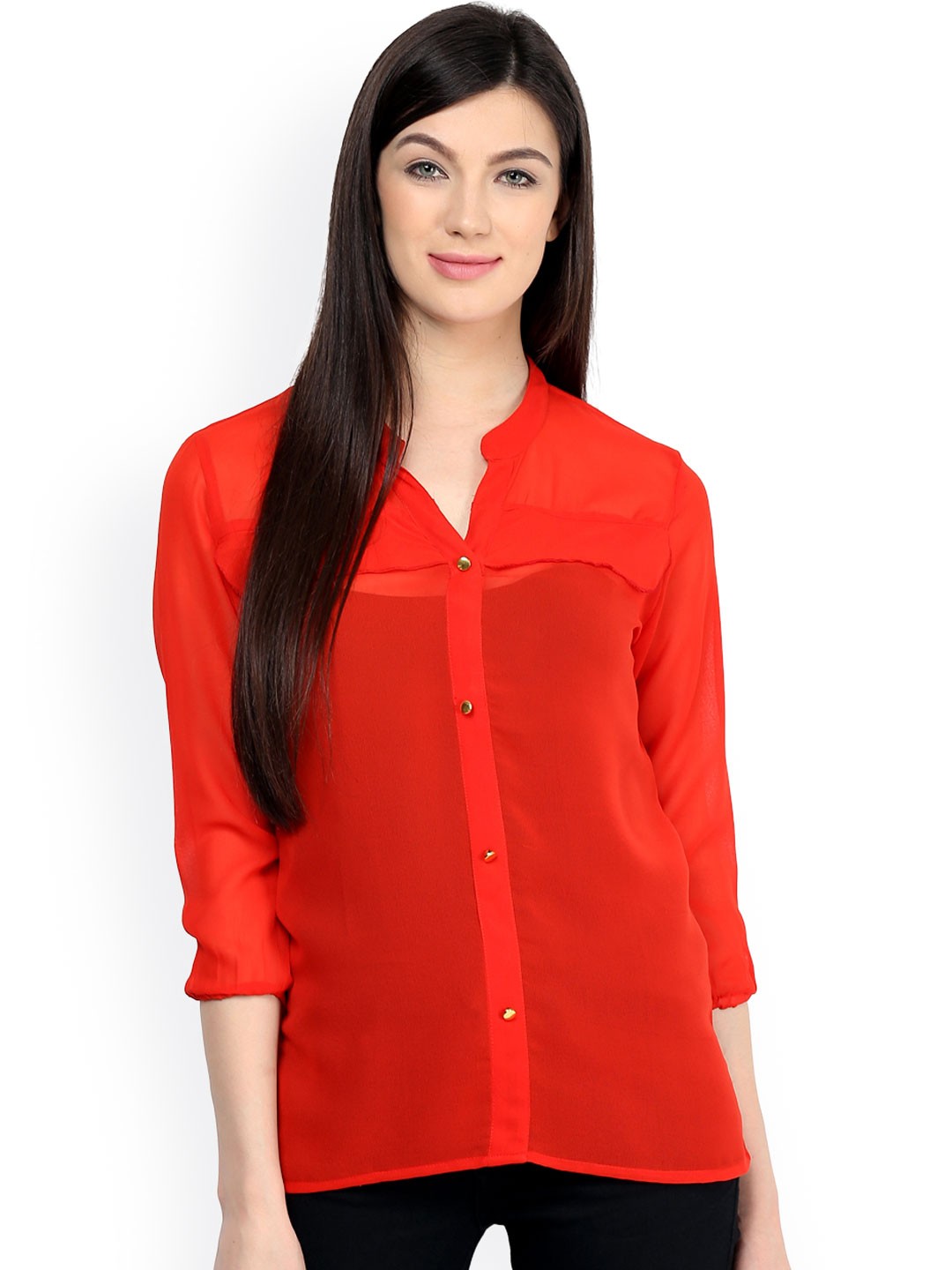 

Pannkh Women Red Solid Regular Sheer Top