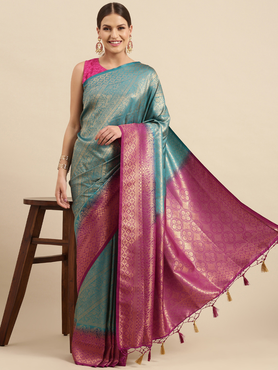 

Anouk Sea Green & Pink Ethnic Motifs Woven Design Silk Blend Banarasi Saree