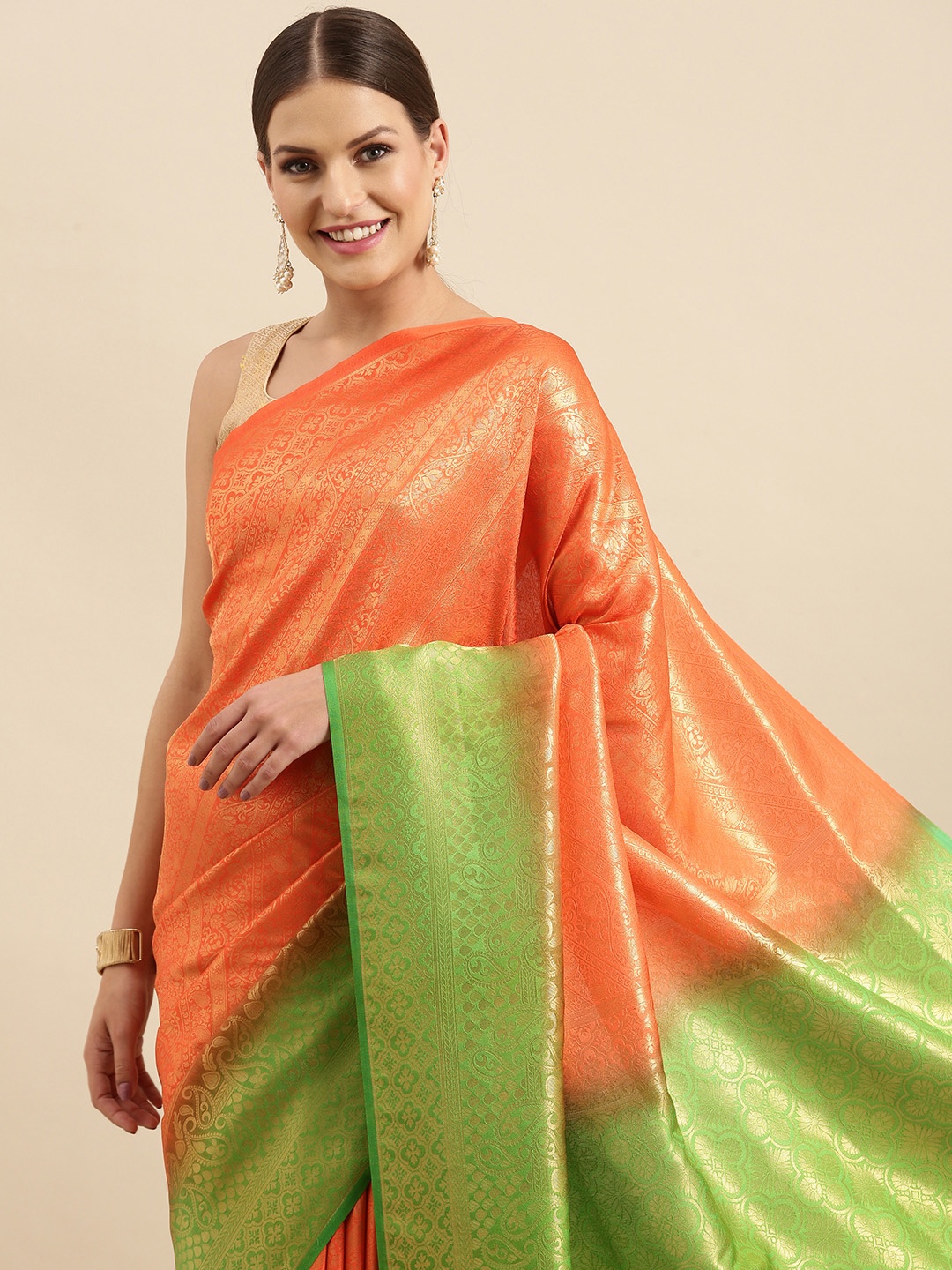 

Anouk Orange & Green Ethnic Motifs Woven Design Silk Blend Banarasi Saree