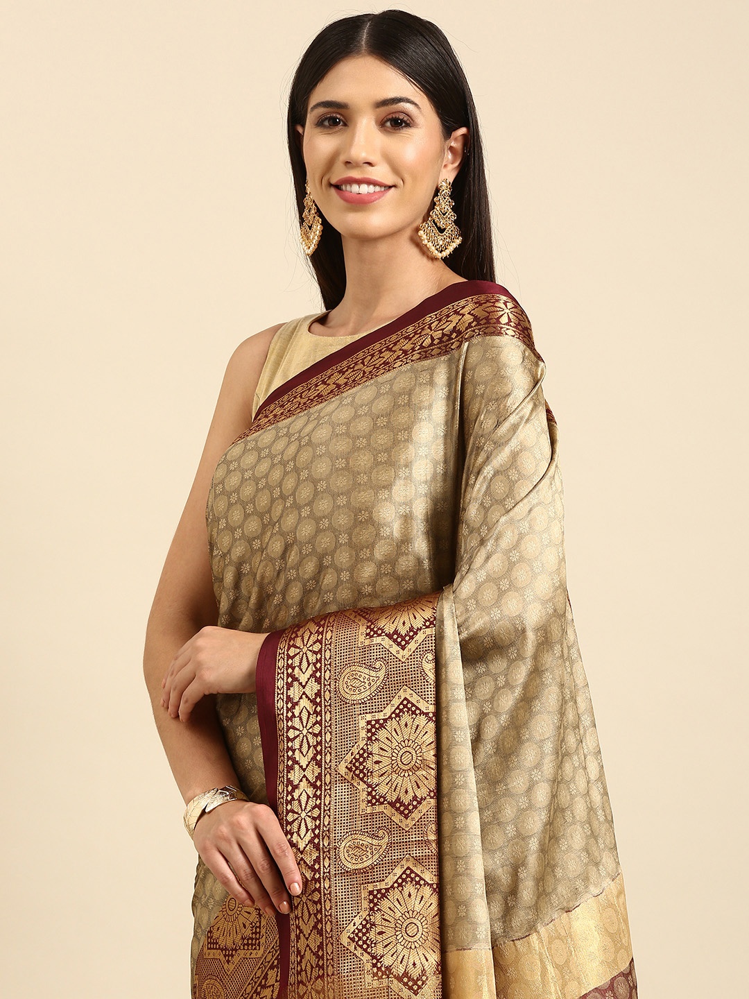 

Anouk Beige & Maroon Floral Woven Design Silk Blend Banarasi Saree