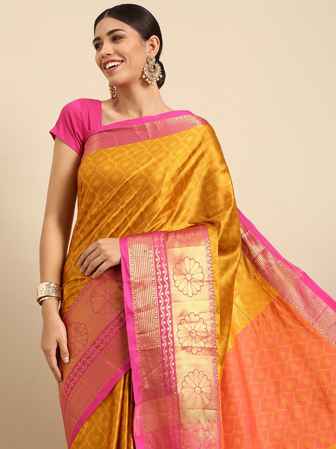

Anouk Mustard & Pink Ethnic Motifs Woven Design Silk Blend Banarasi Saree