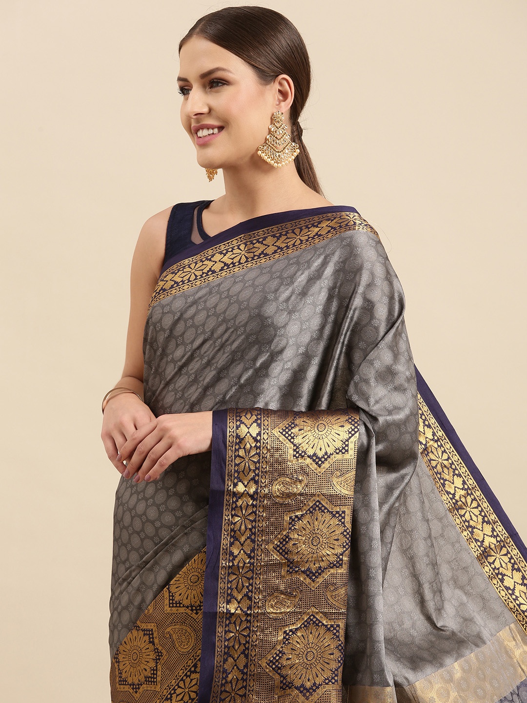 

Anouk Grey & Navy Blue Ethnic Motifs Woven Design Silk Blend Banarasi Saree