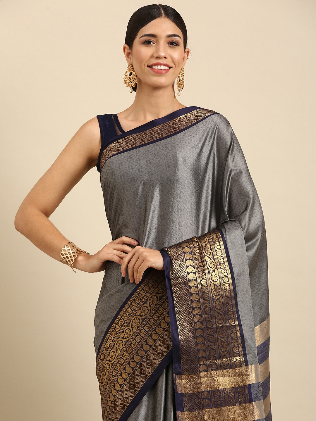 

Anouk Grey & Navy Blue Ethnic Motifs Woven Design Silk Blend Banarasi Saree