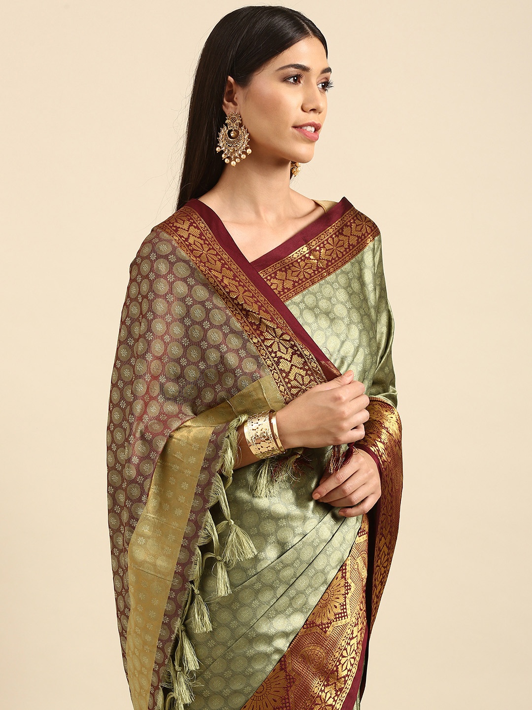 

Anouk Green & Maroon Ethnic Motifs Woven Design Silk Blend Banarasi Saree