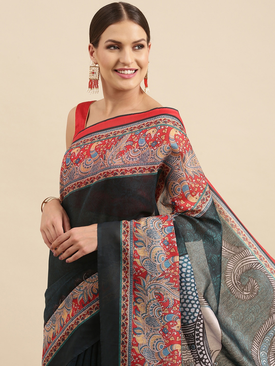 

Anouk Black & Red Ethnic Motifs Woven Design Bhagalpuri Saree
