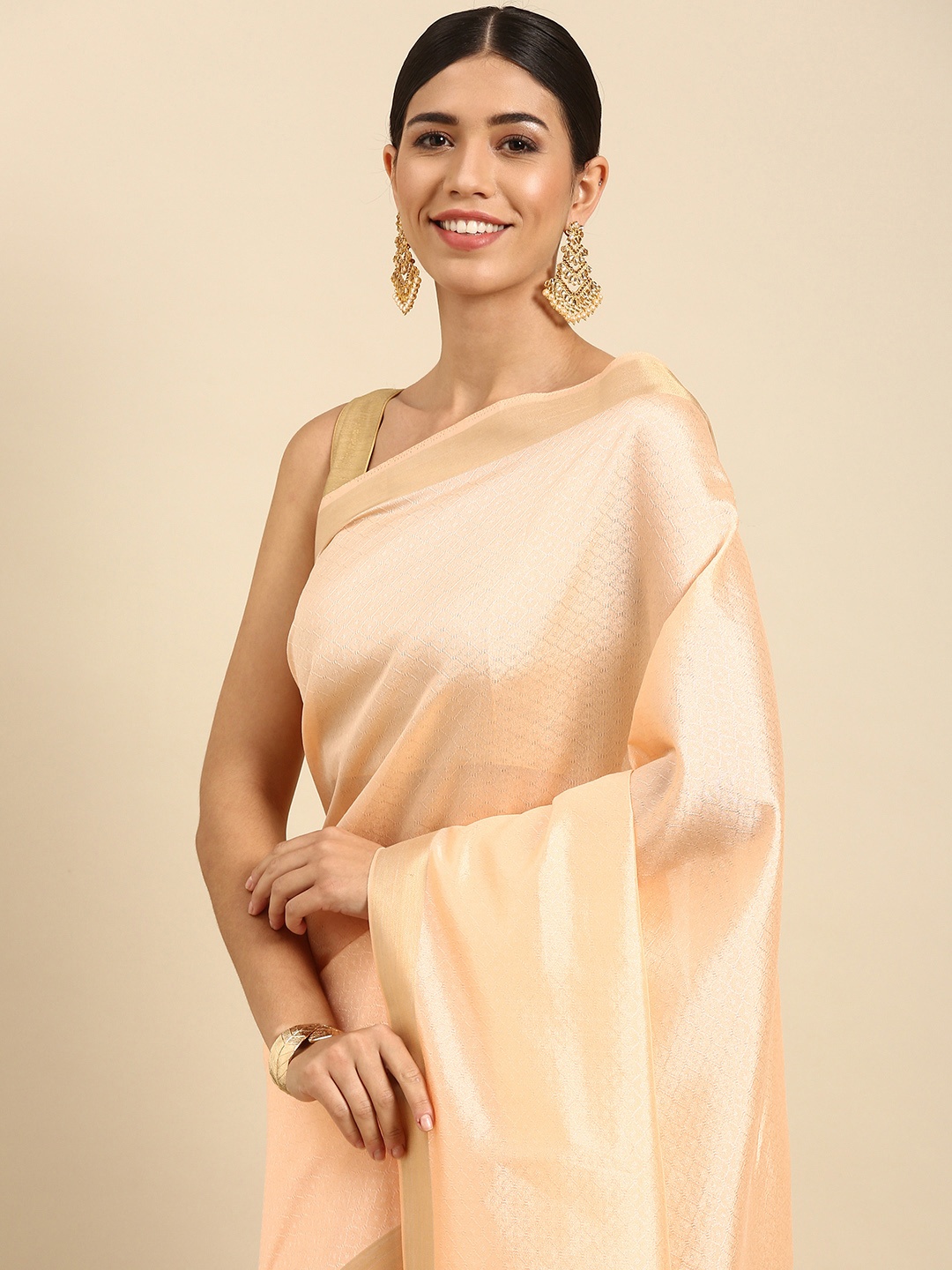 

Anouk Peach-Coloured Ethnic Motifs Silk Blend Kanjeevaram Saree