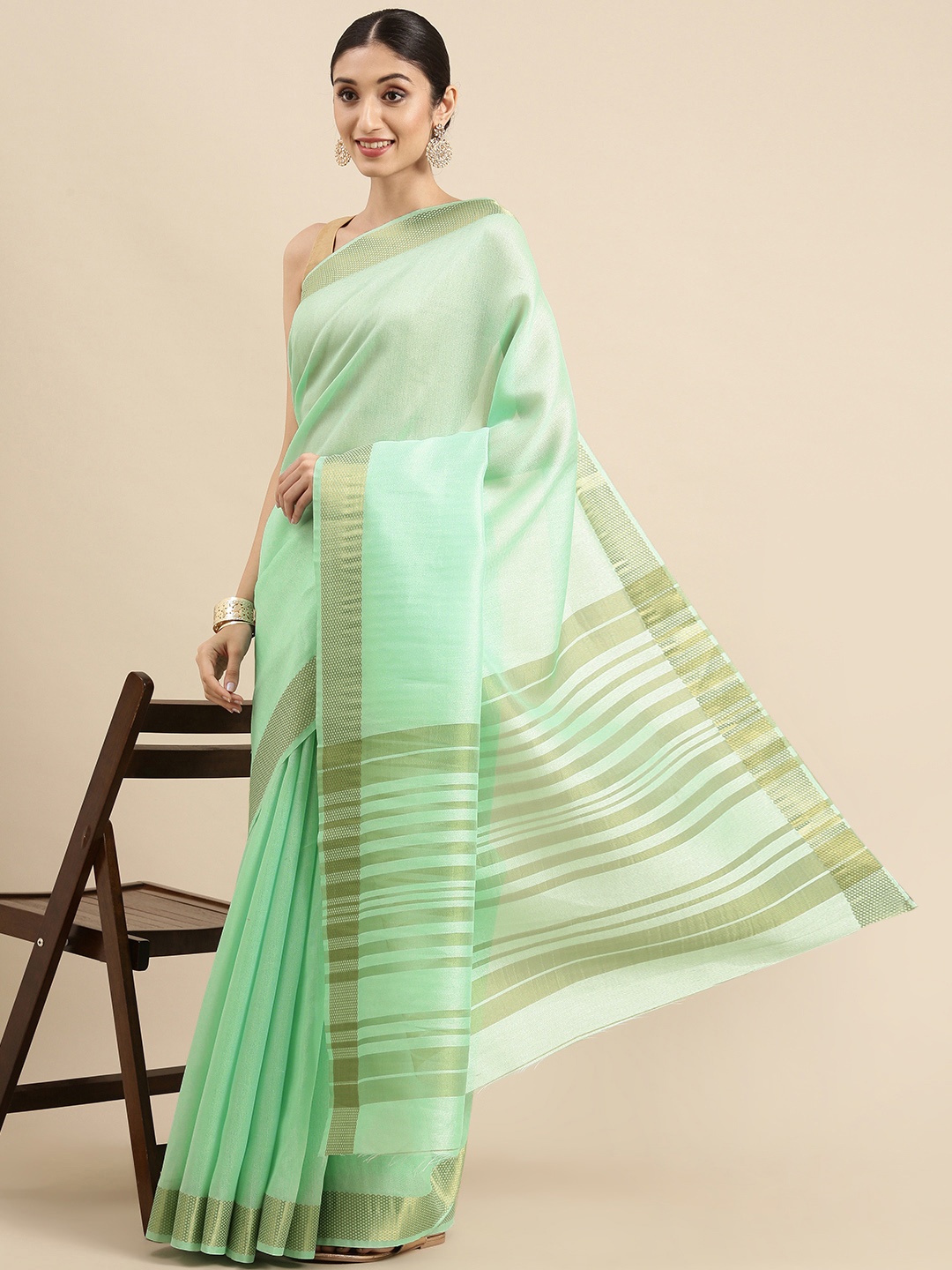 

Anouk Sea Green Solid Silk Blend Kanjeevaram Saree