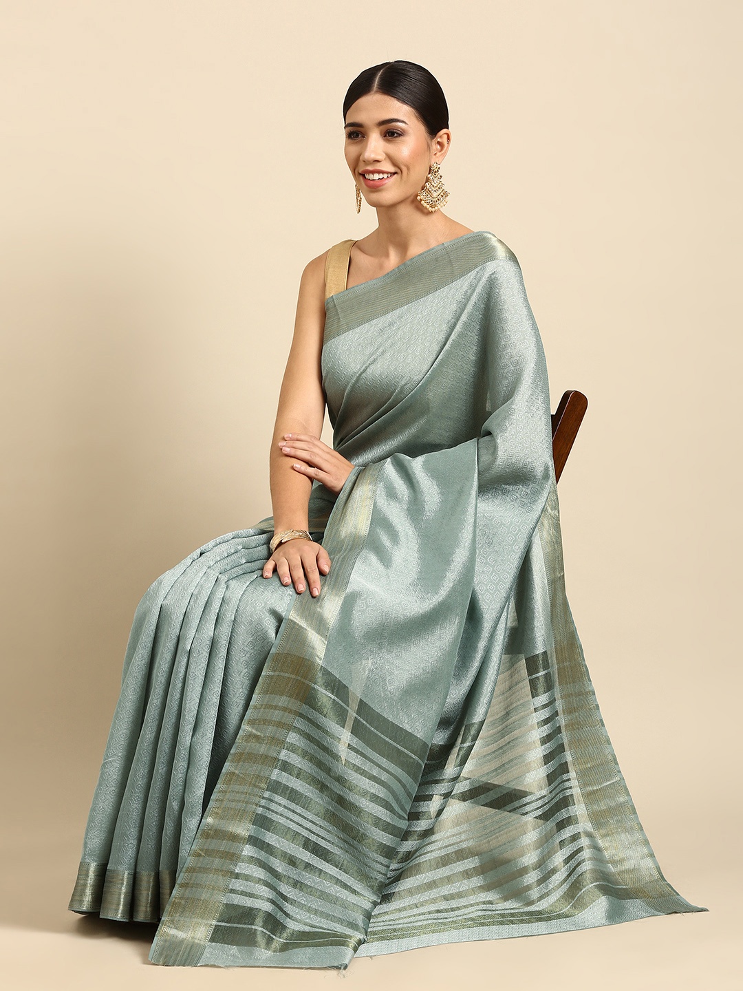 

Anouk Blue Ethnic Motifs Zari Silk Blend Kanjeevaram Saree