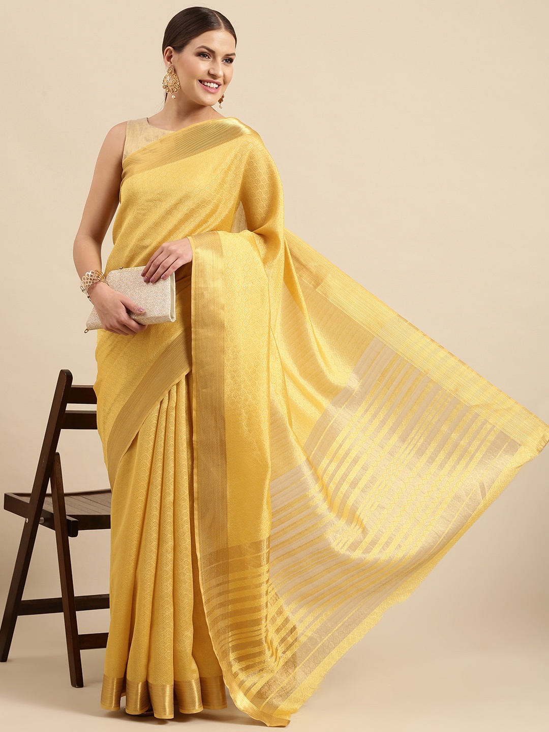 

Anouk Mustard Ethnic Motifs Zari Silk Blend Kanjeevaram Saree