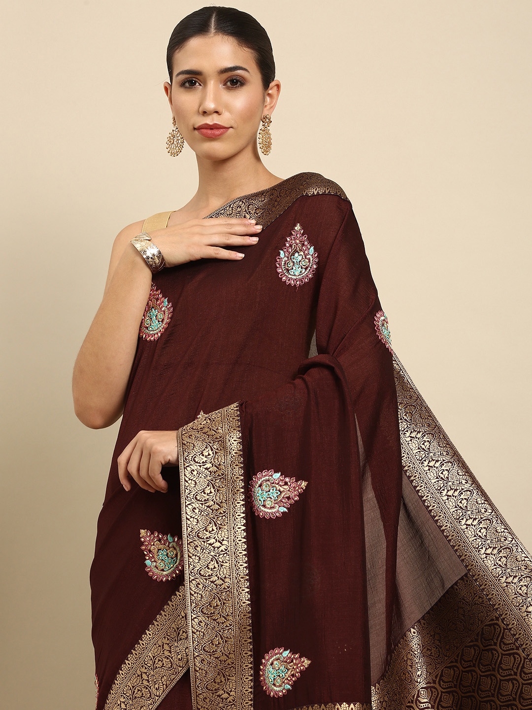 

Anouk Brown & Gold-Toned Ethnic Motifs Embroidered Silk Blend Banarasi Saree