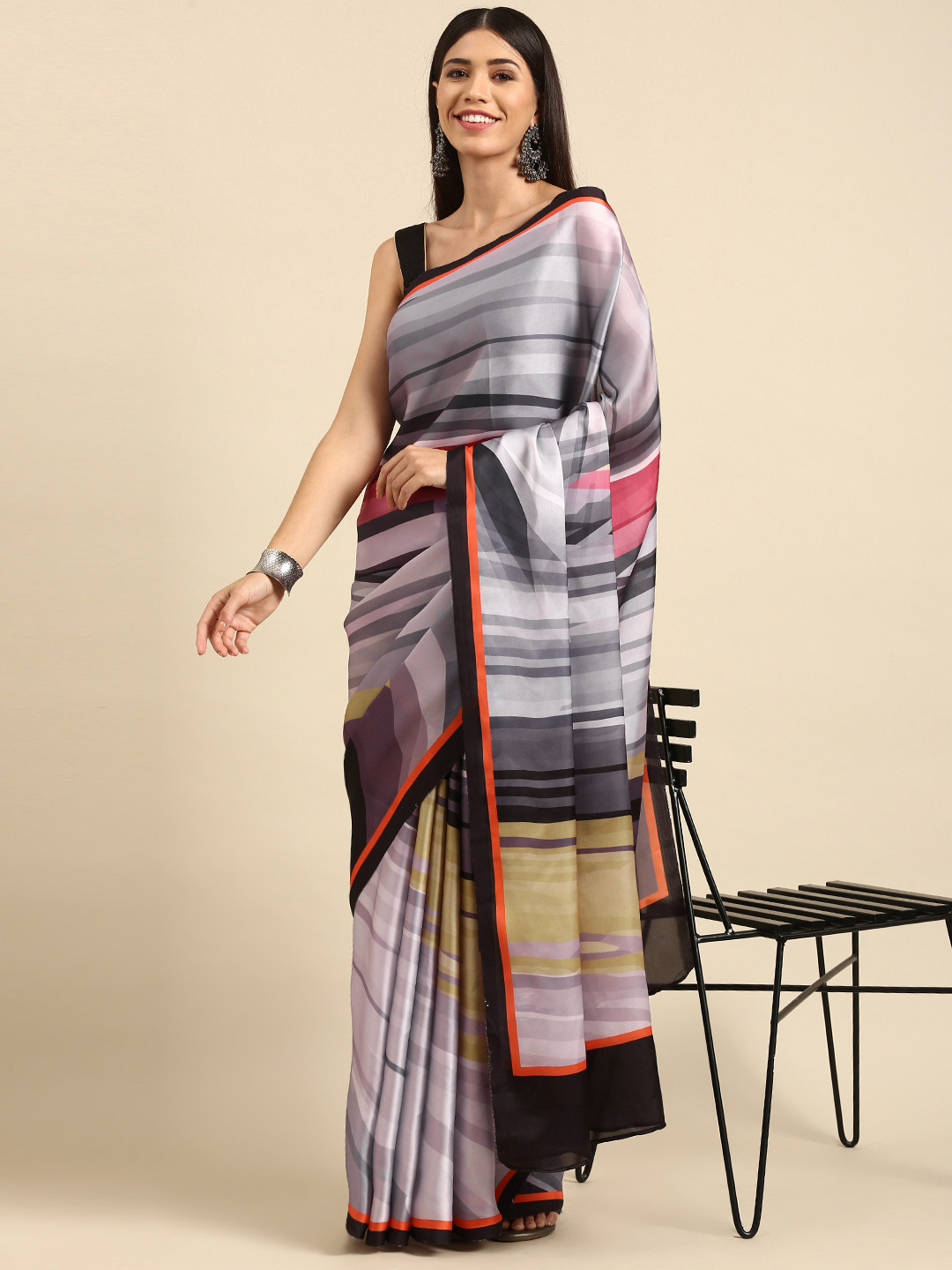 

Anouk Grey Striped Satin Bhagalpuri Saree