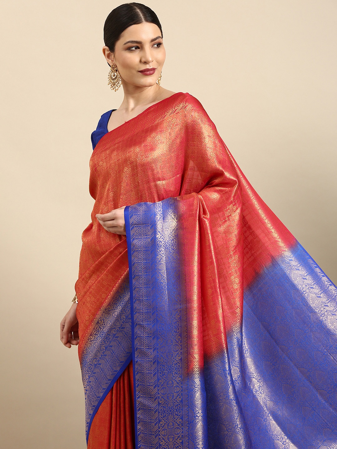 

Anouk Red & Blue Ethnic Motifs Woven Design Silk Blend Banarasi Saree