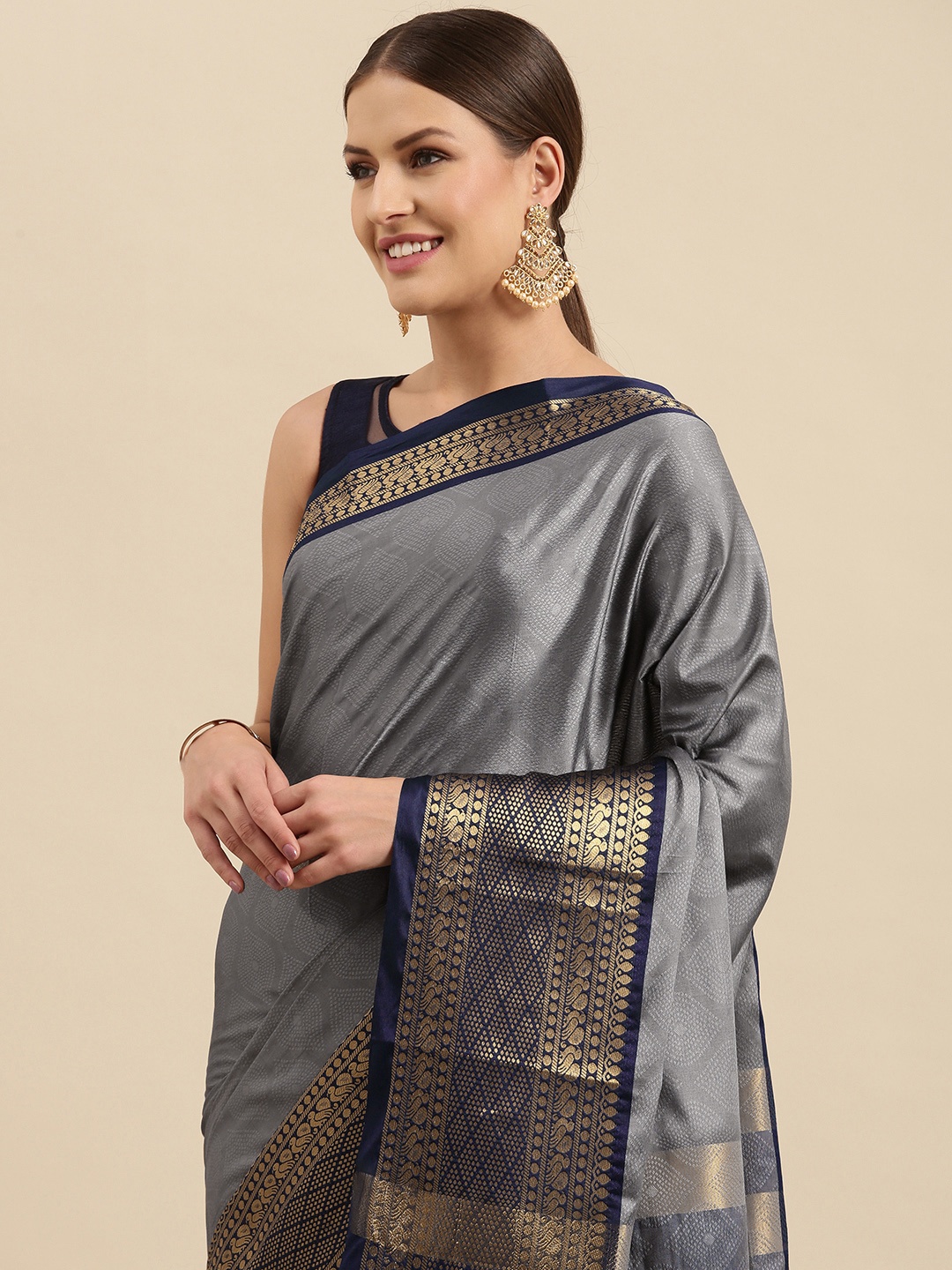 

Anouk Grey & Navy Blue Ethnic Motifs Silk Blend Banarasi Saree
