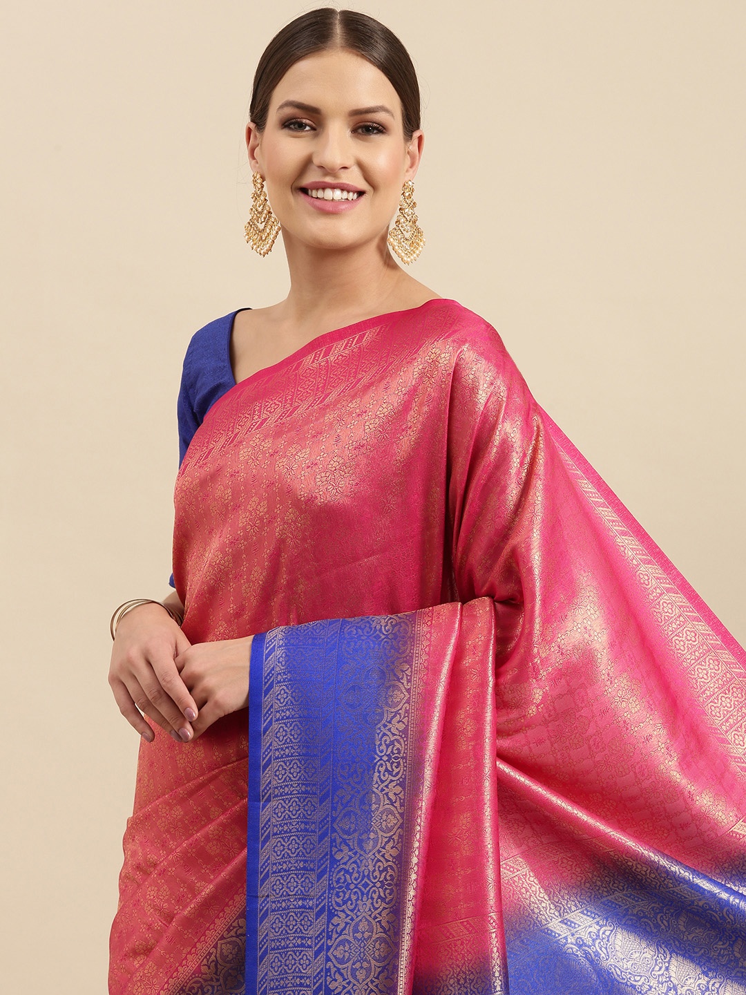 

Anouk Fuchsia & Blue Ethnic Motifs Woven Design Silk Blend Banarasi Saree