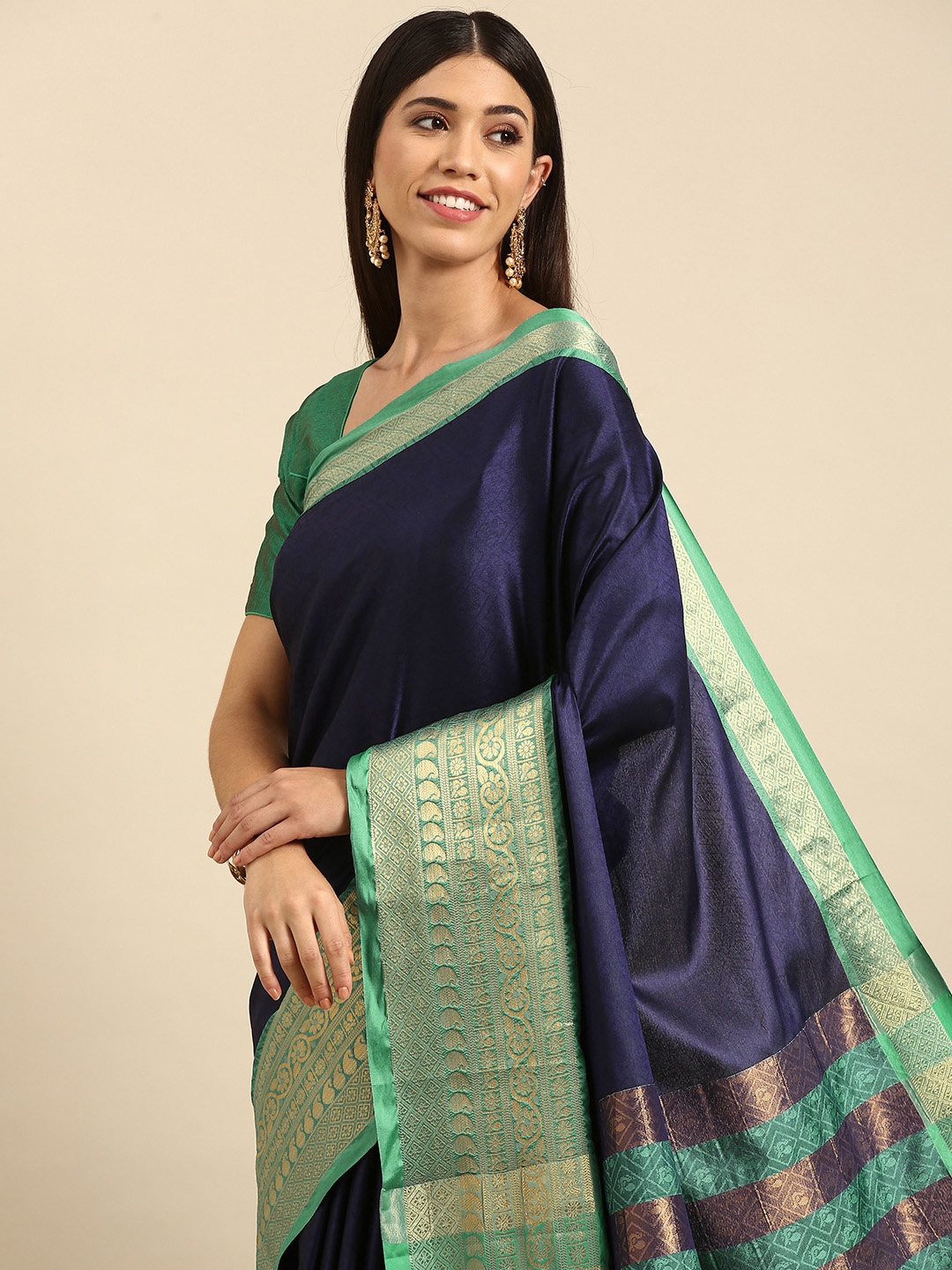 

Anouk Navy Blue & Green Ethnic Motifs Woven Design Silk Blend Banarasi Saree