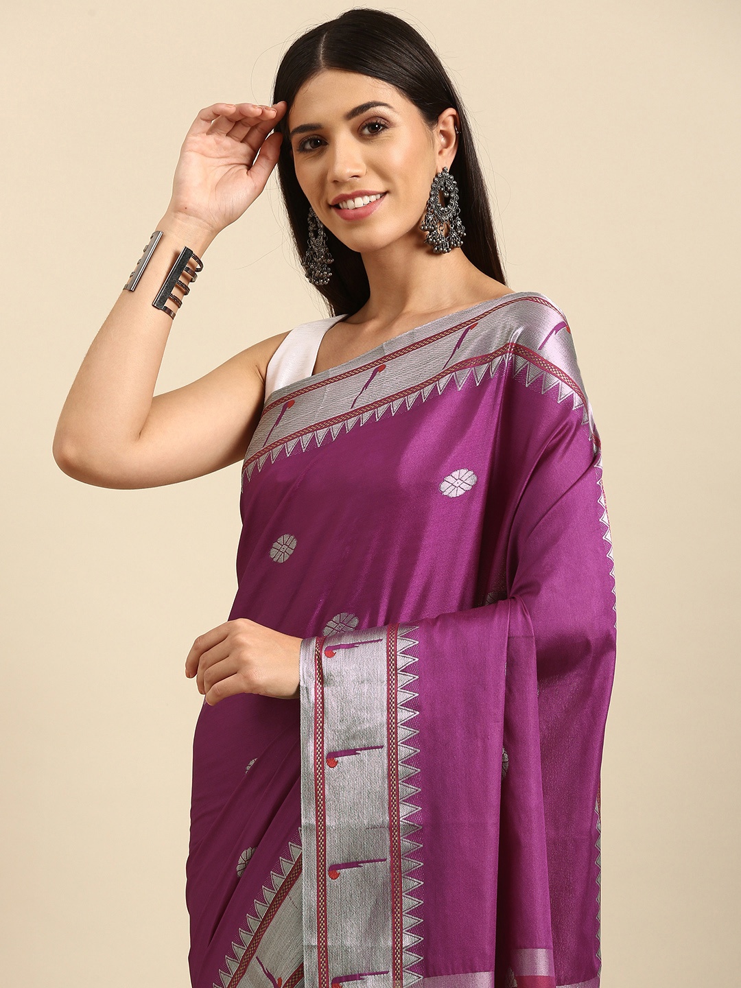 

Anouk Magenta Woven Design Silk Blend Ready to Wear Banarasi Saree