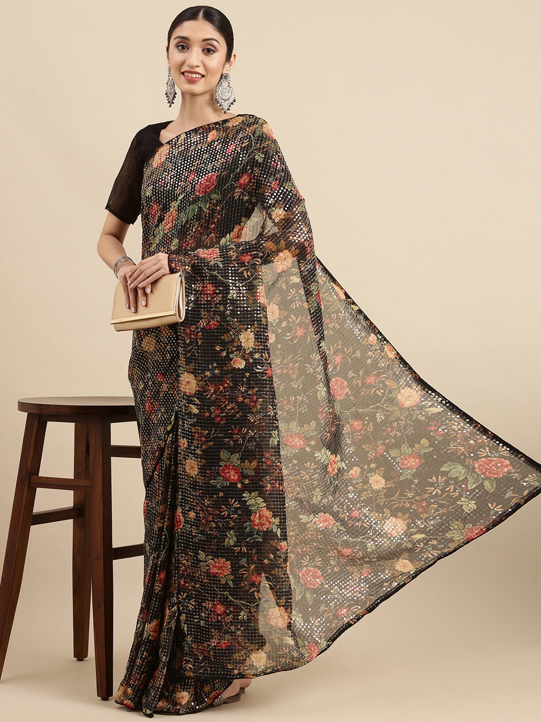 

Anouk Black & Beige Floral Sequinned Pure Georgette Saree