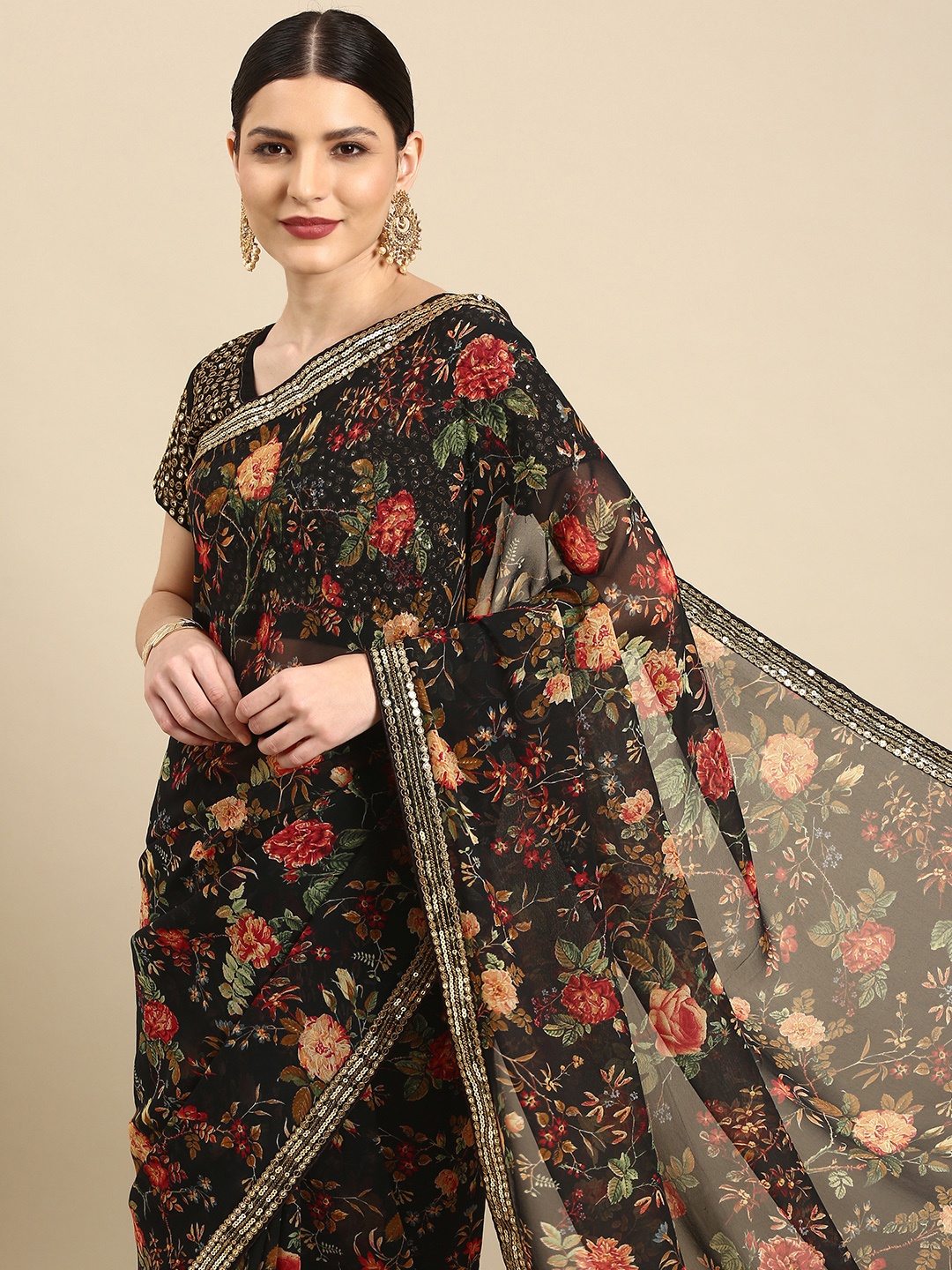 

Anouk Black & Red Embellished Sequinned Pure Georgette Celebrity Saree