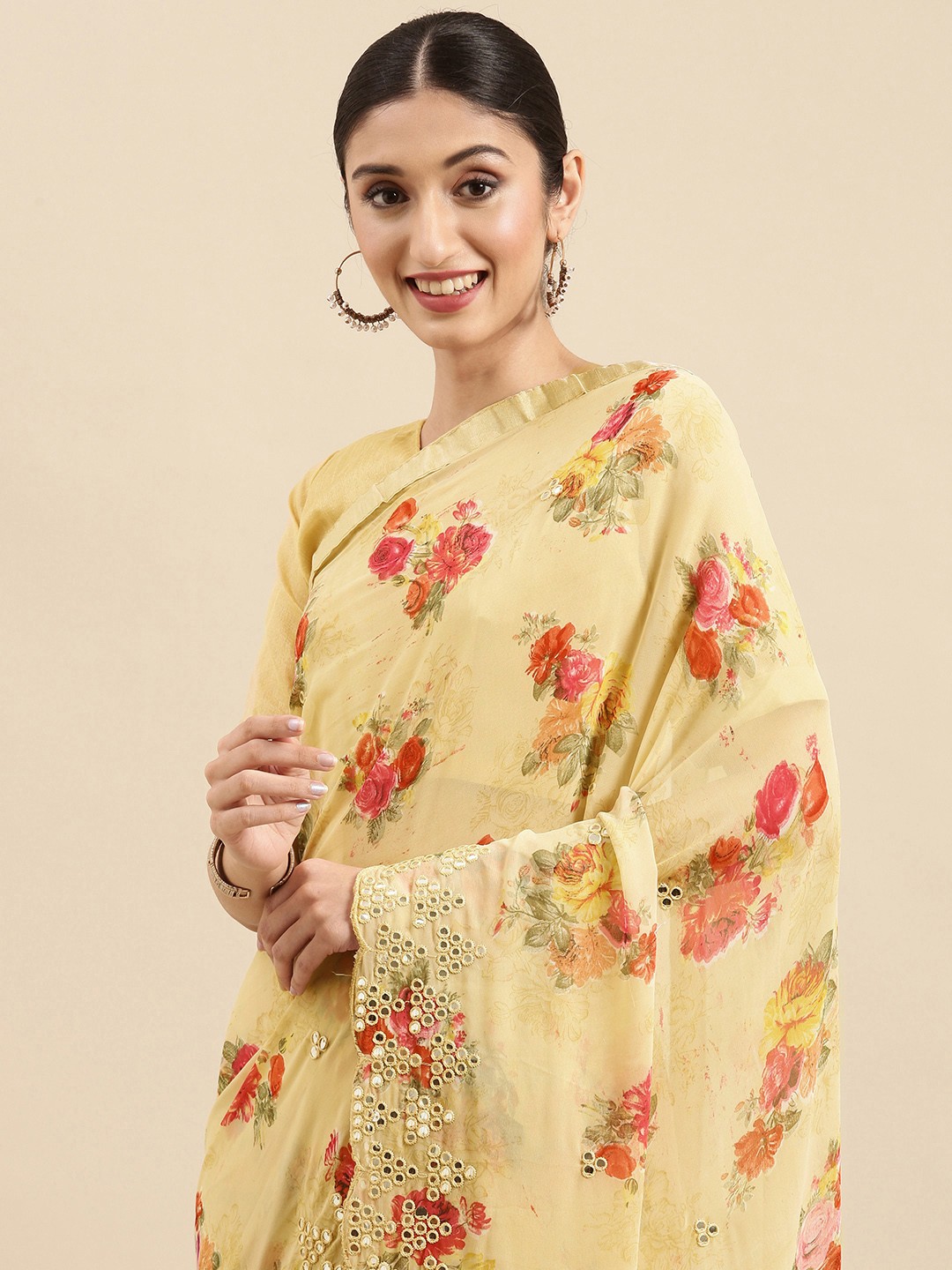 

Anouk Cream-Coloured & Pink Floral Mirror Work Pure Georgette Celebrity Saree