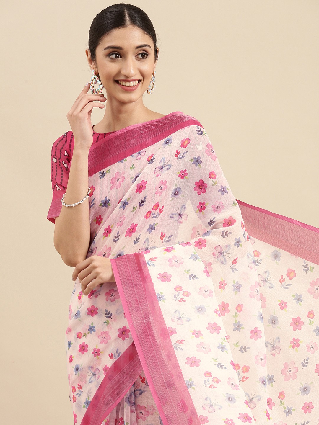 

Anouk White & Pink Floral Pure Georgette Celebrity Saree