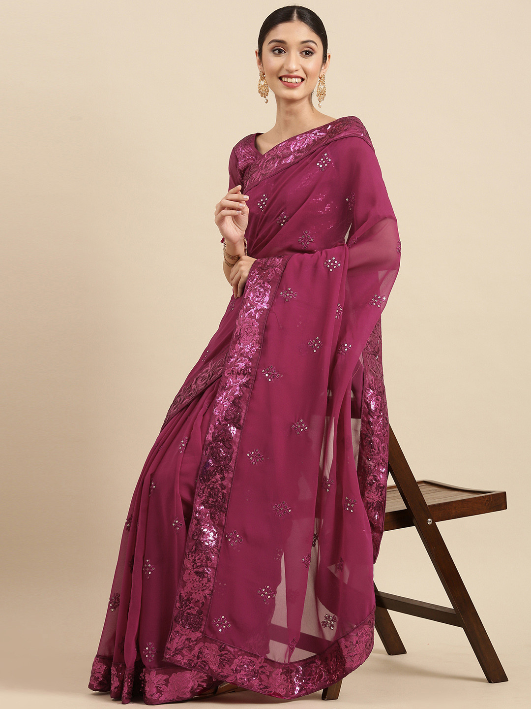 

Anouk Pink & Gold Embellished Sequinned Pure Georgette Celebrity Saree