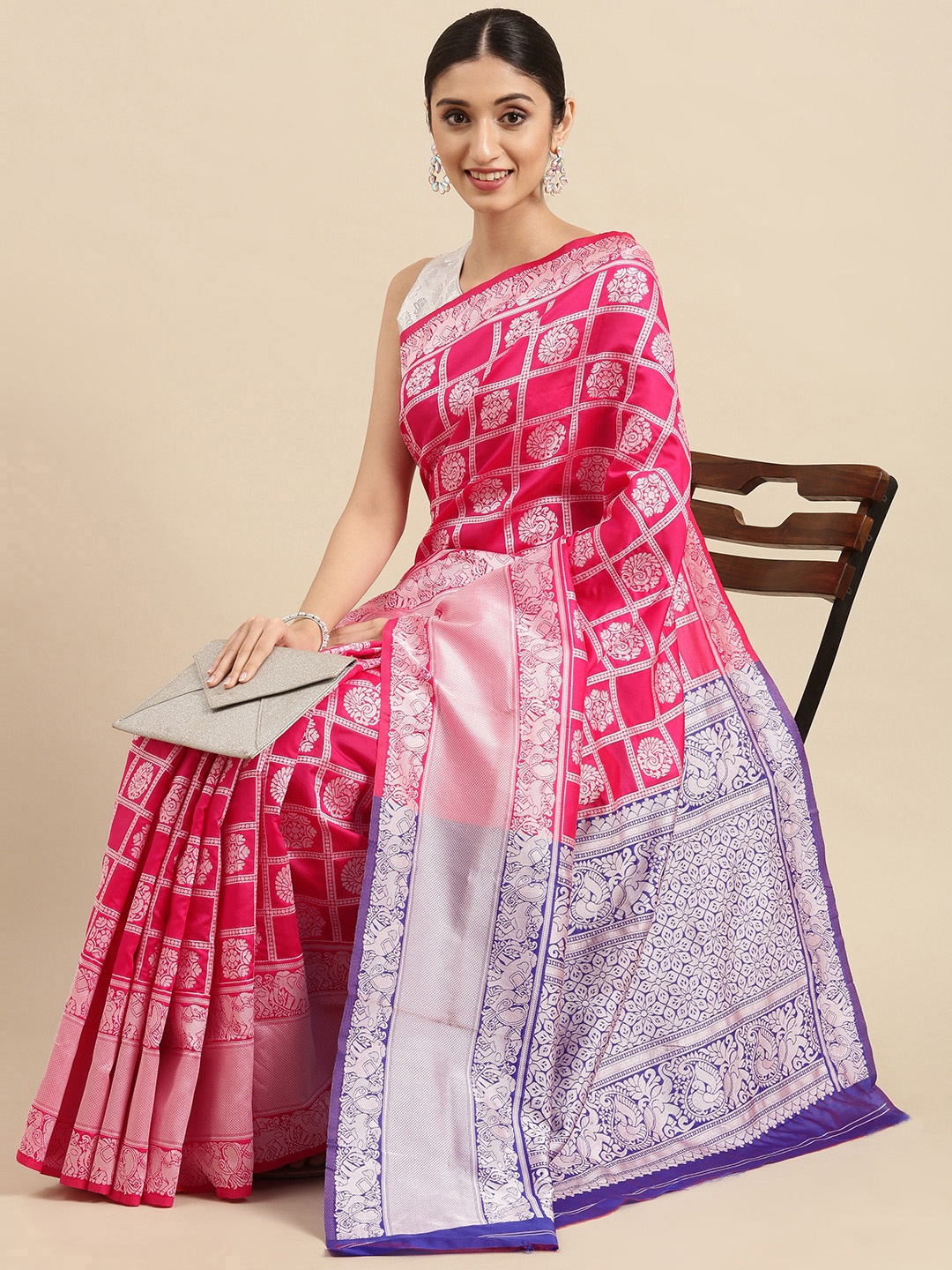 

Anouk Pink & Silver Ethnic Motifs Zari Pure Silk Celebrity Patola Saree