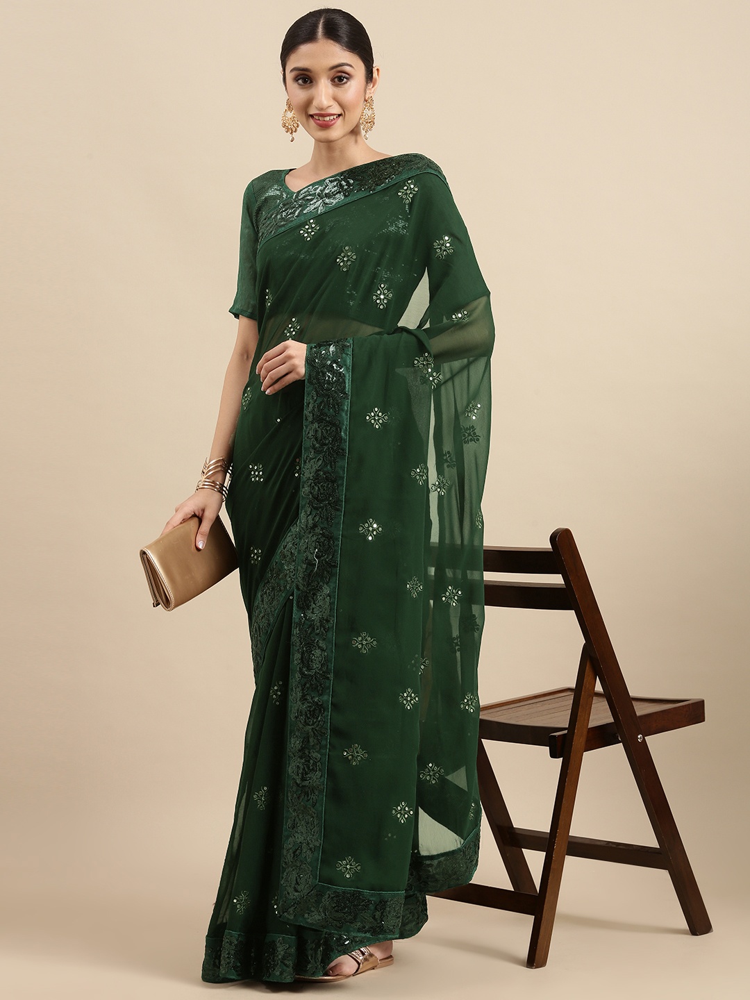 

Anouk Olive Green Floral Sequinned Pure Georgette Celebrity Saree