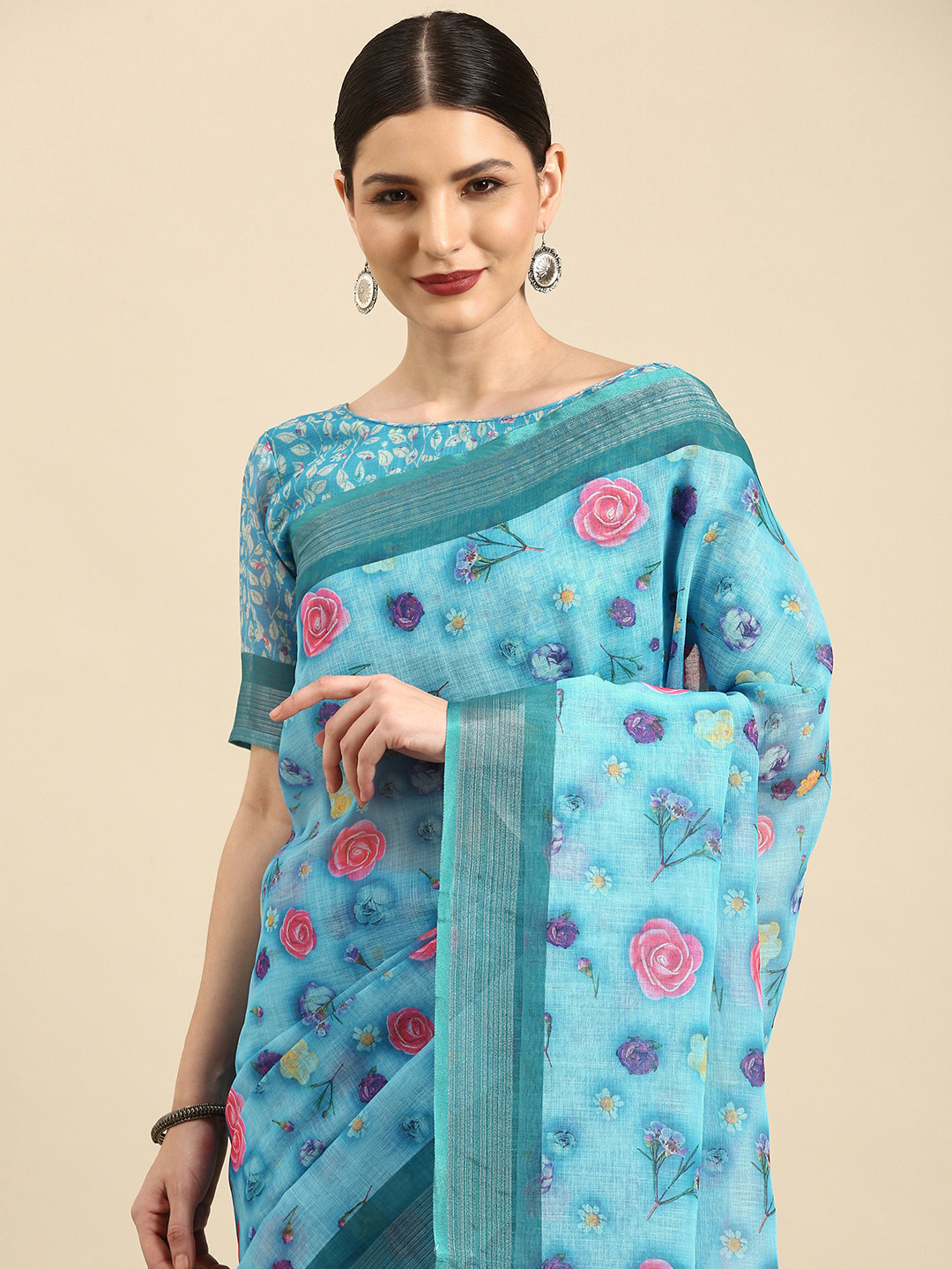 

Anouk Blue & Pink Floral Pure Linen Celebrity Saree