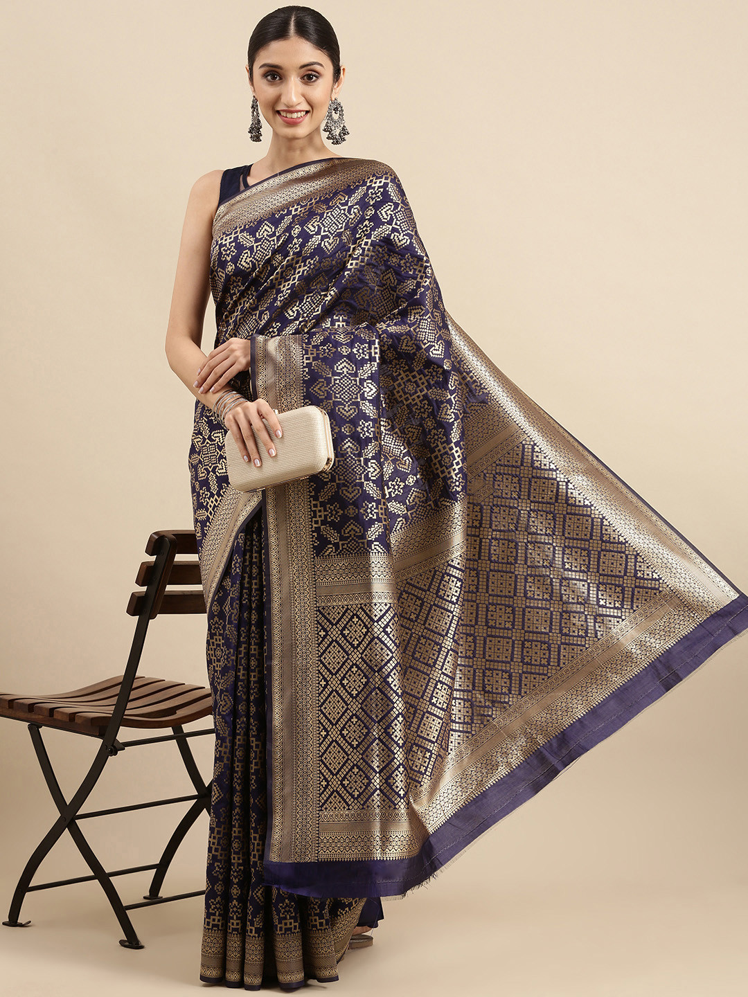 

Anouk Navy Blue & Gold Ethnic Motifs Zari Pure Silk Celebrity Saree