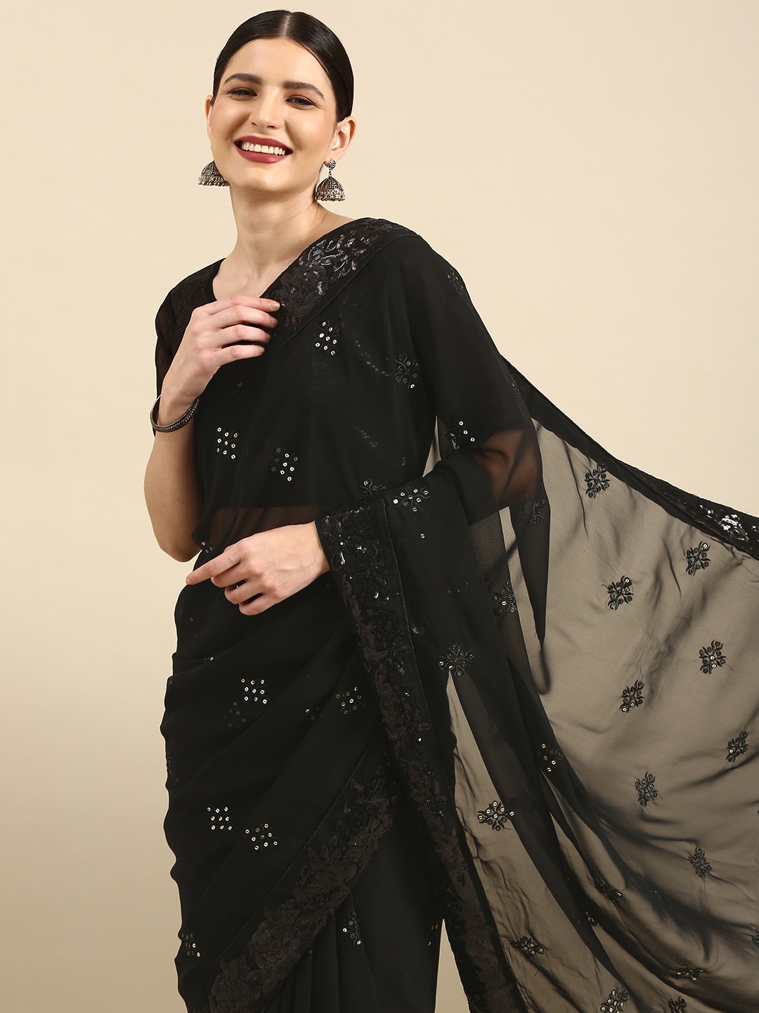 

Anouk Black Ethnic Motifs Sequinned Pure Georgette Celebrity Saree