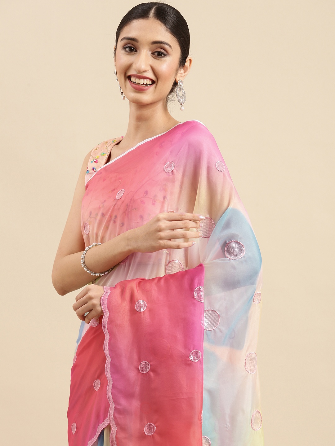 

Anouk Multicoloured Tie and Dye Sequinned Satin Celebrity Saree, Multi