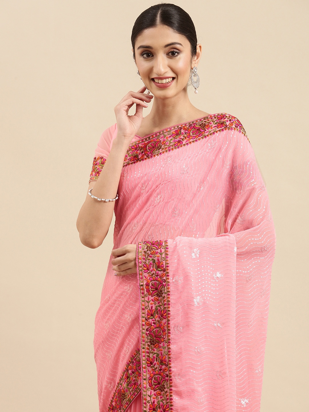 

Anouk Pink & Maroon Floral Sequinned Pure Georgette Celebrity Saree