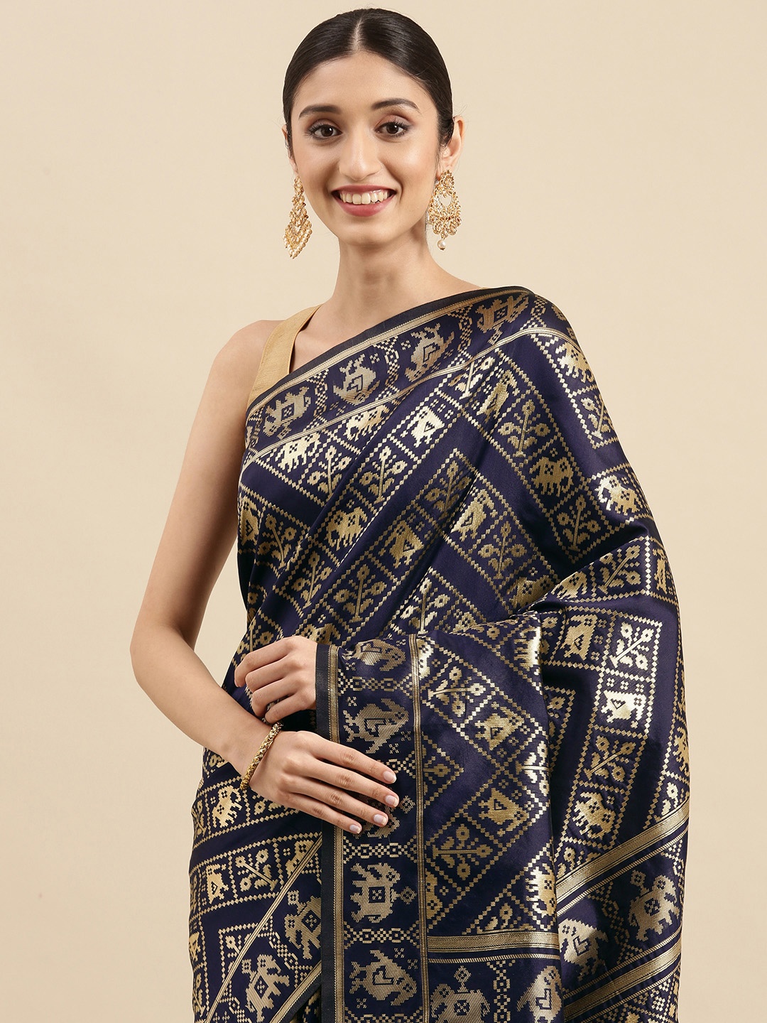 

Anouk Navy Blue & Gold Ethnic Motifs Zari Pure Silk Celebrity Saree