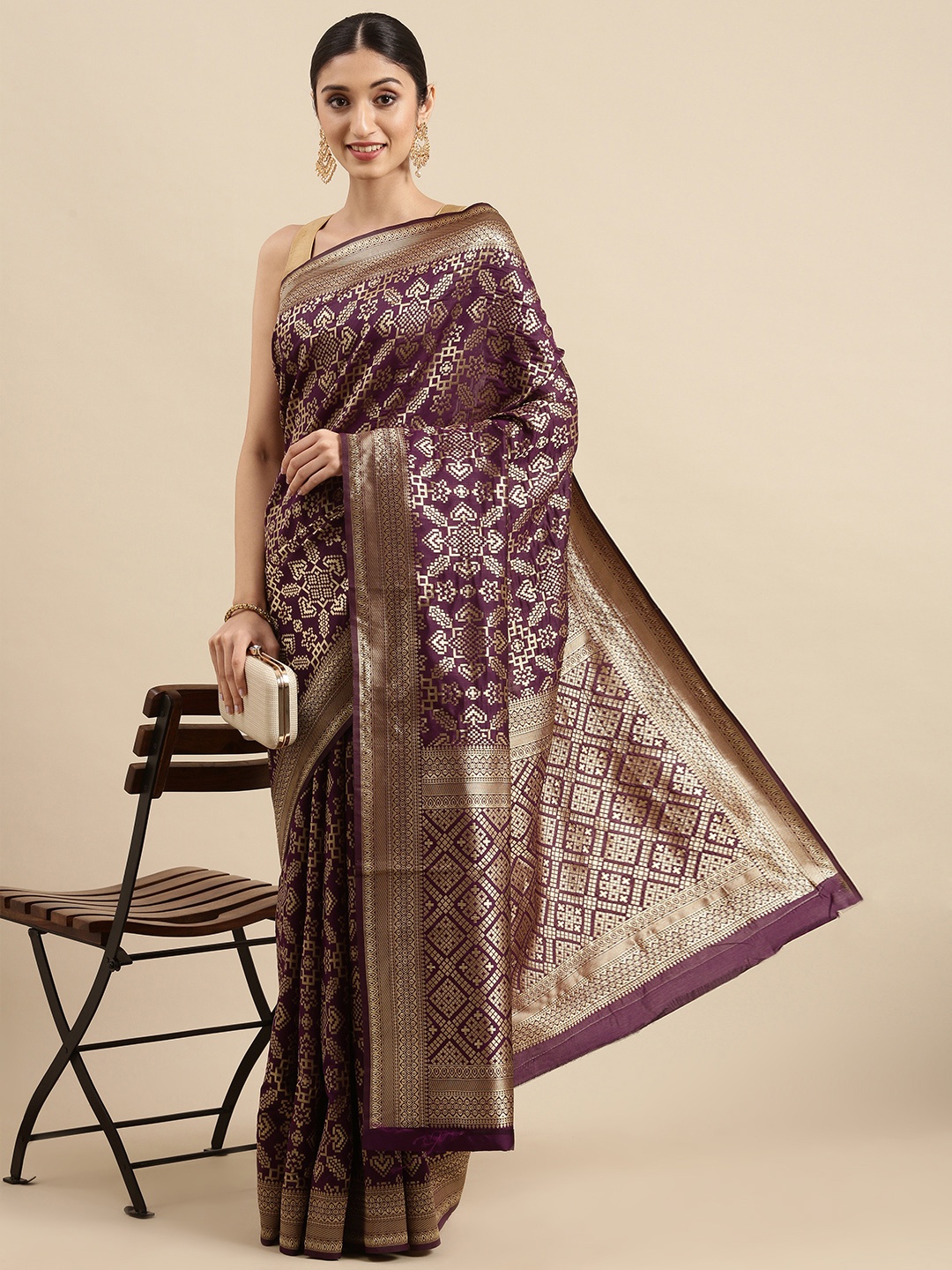 

Anouk Aubergine & Gold Ethnic Motifs Zari Pure Silk Celebrity Saree, Purple