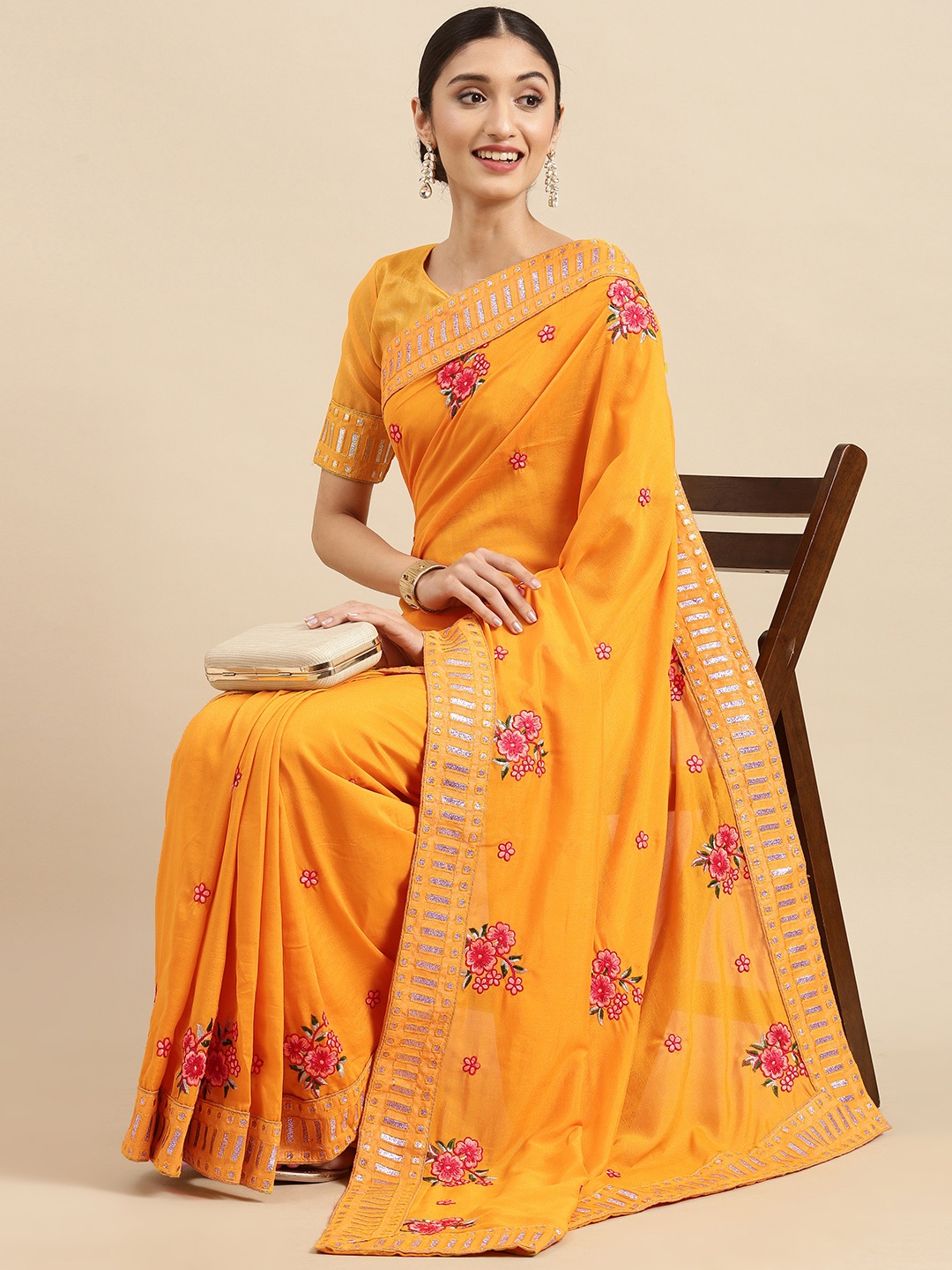

Anouk Mustard Yellow & Pink Floral Embroidered Silk Blend Celebrity Saree