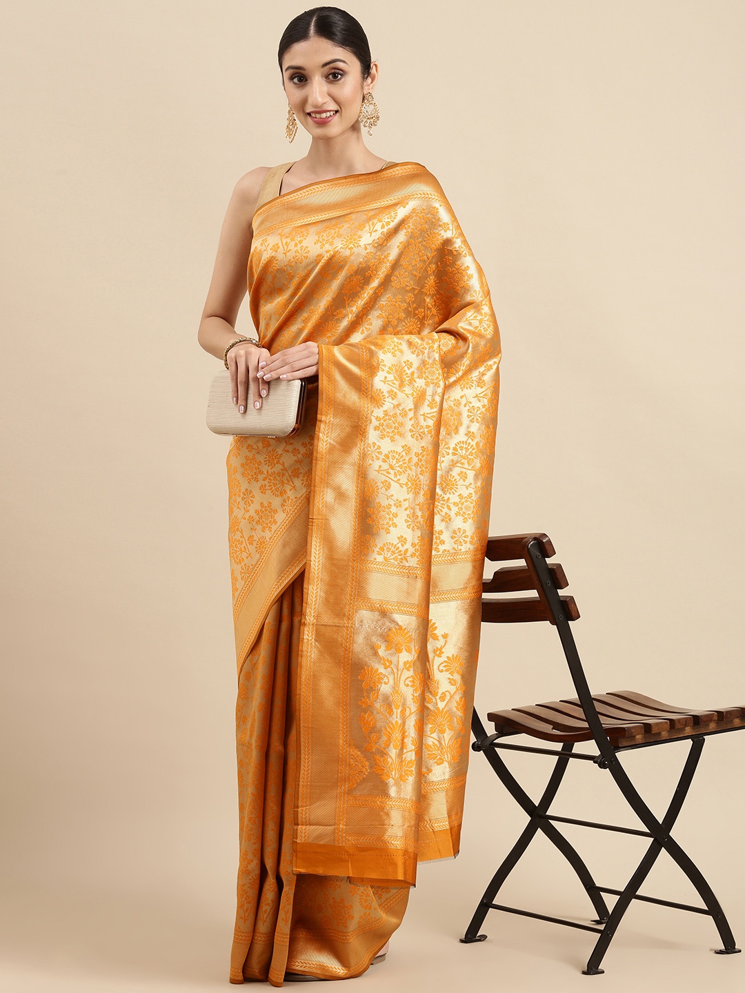 

Anouk Mustard & Gold Ethnic Motifs Zari Pure Silk Celebrity Banarasi Saree