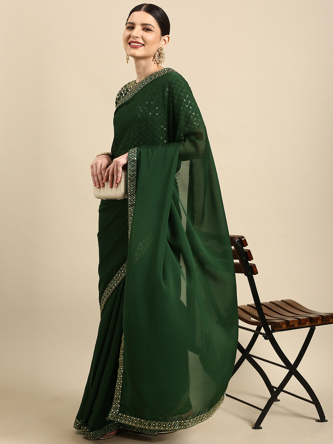 

Anouk Olive Green & Gold Solid Sequinned Silk Blend Celebrity Saree