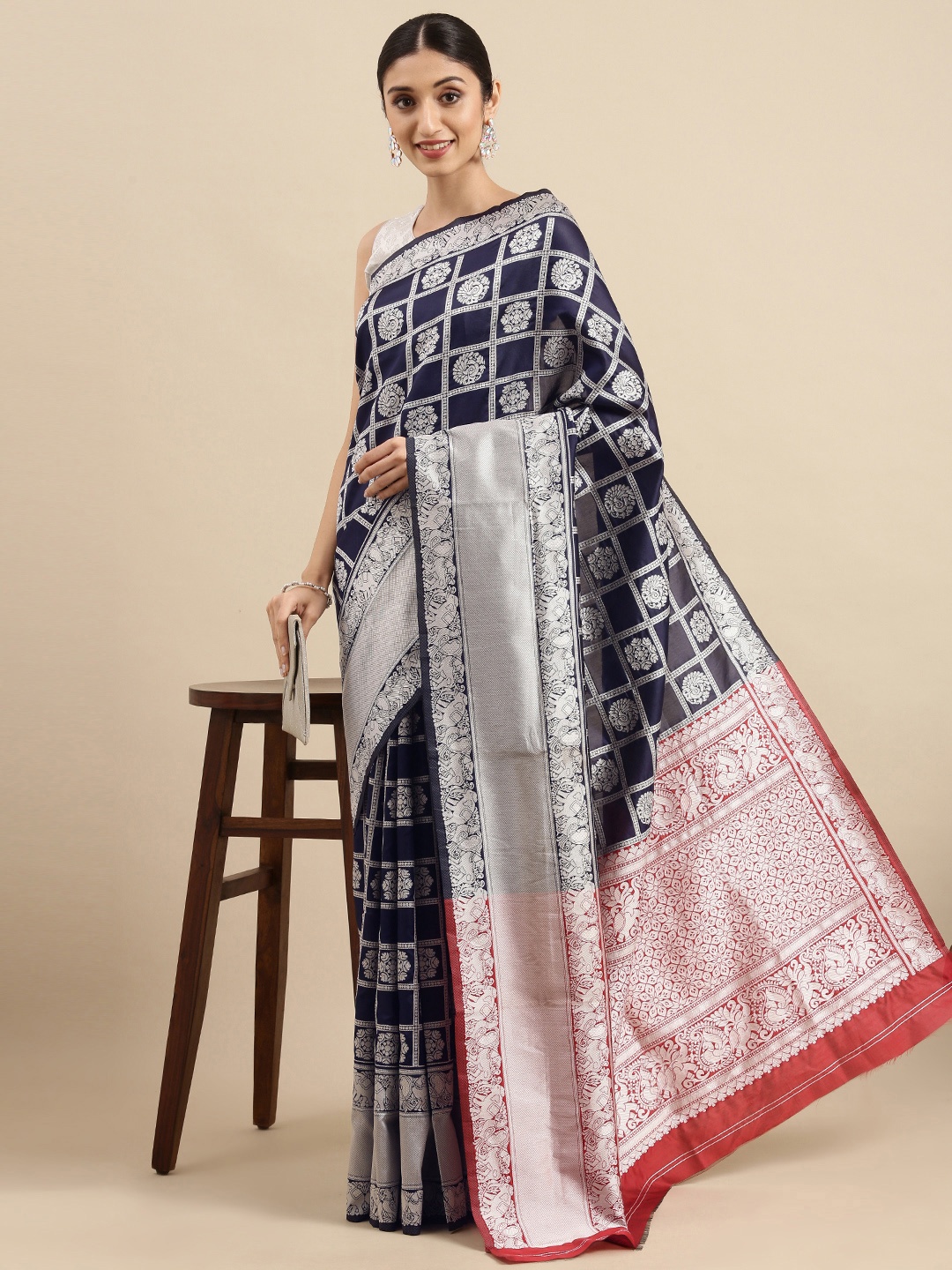 

Anouk Navy Blue & Silver Ethnic Motifs Zari Pure Silk Celebrity Patola Saree