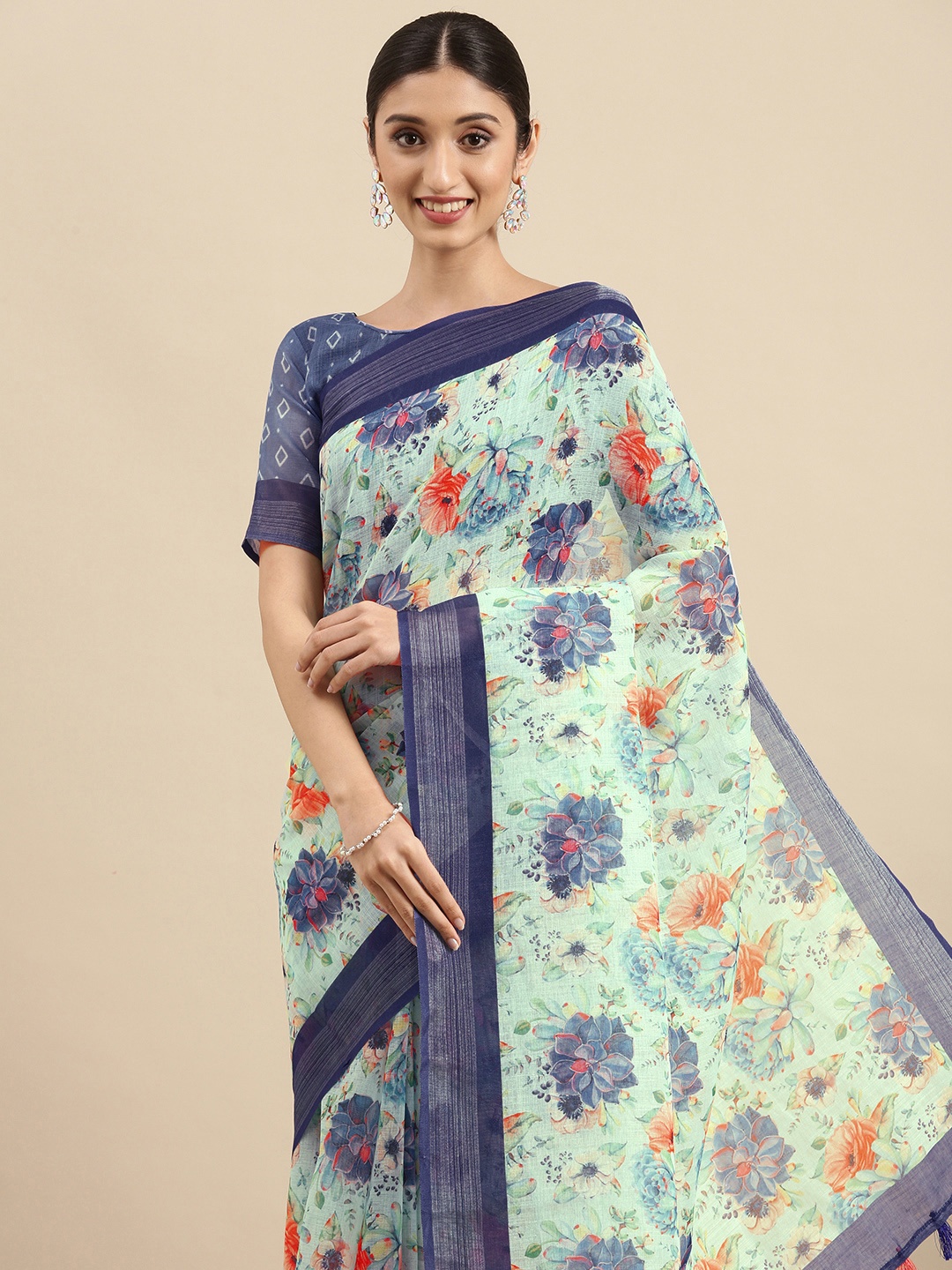 

Anouk Off-White & Pink Floral Pure Linen Celebrity Saree