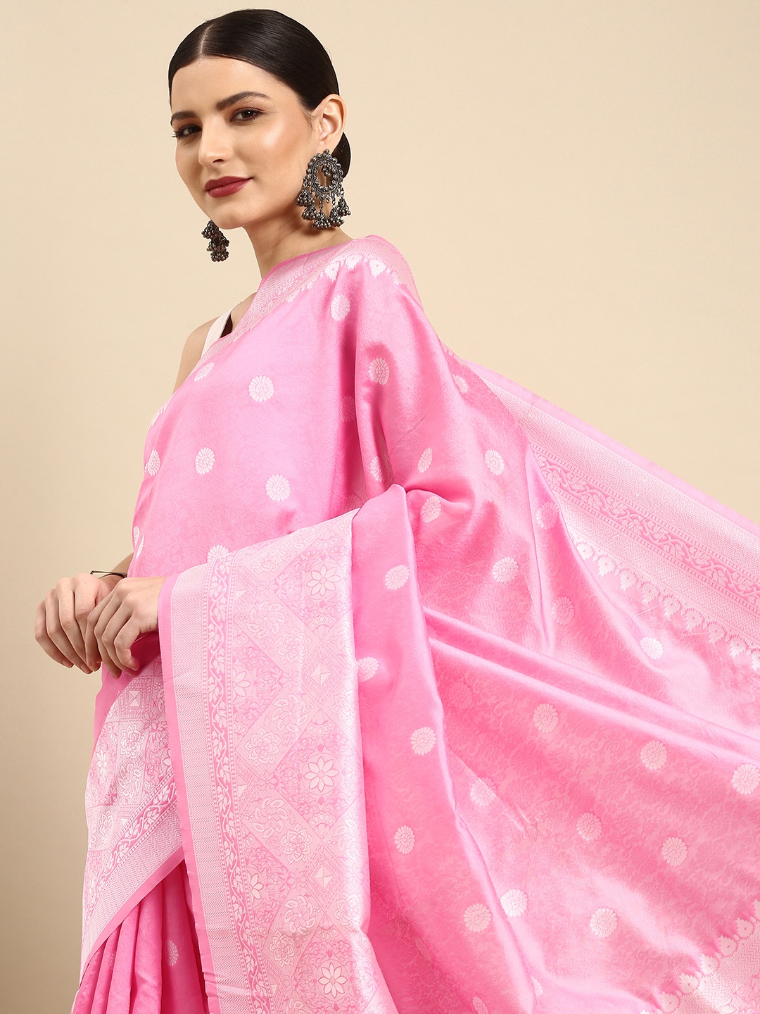 

Anouk Pink & Silver Ethnic Motifs Lucknowi Zari Silk Blend Celebrity Saree