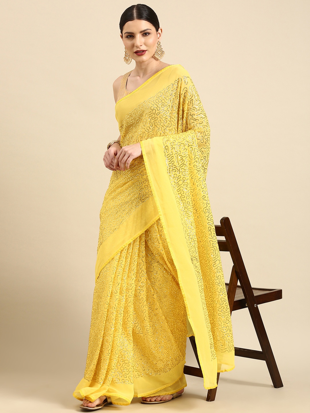 

Anouk Yellow Embellished Sequinned Pure Georgette Celebrity Saree